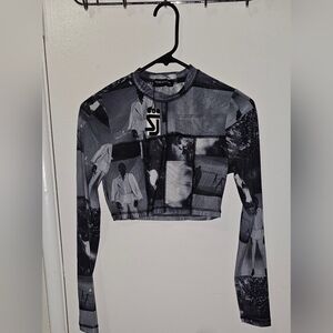 Shane Justin Sheer Mesh Graphic Print Crop Top Long Sleeve NWT Size M Streetwear